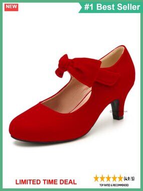 Faux Suede Bow Mary Jane Pumps Round Toe Block Heel Dress Shoes